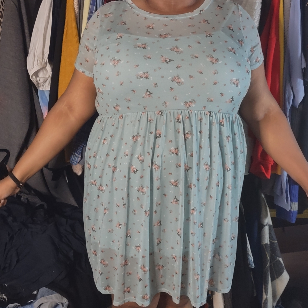 Blue mesh dress with floral print
